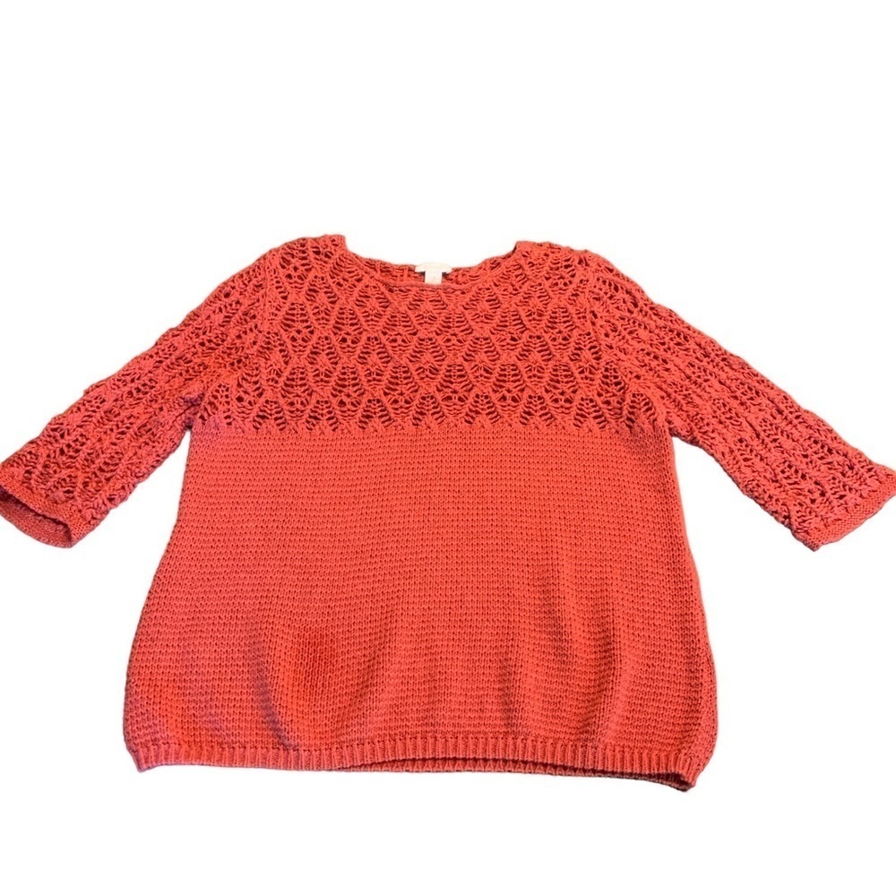 Chico’s Scoop Neck 3/4 Sleeve Crochet Look Sweater Size 2 Medium